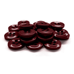 A 12-pack of maroon four-hole Work Shirt Buttons is arranged in a pile on a white surface.