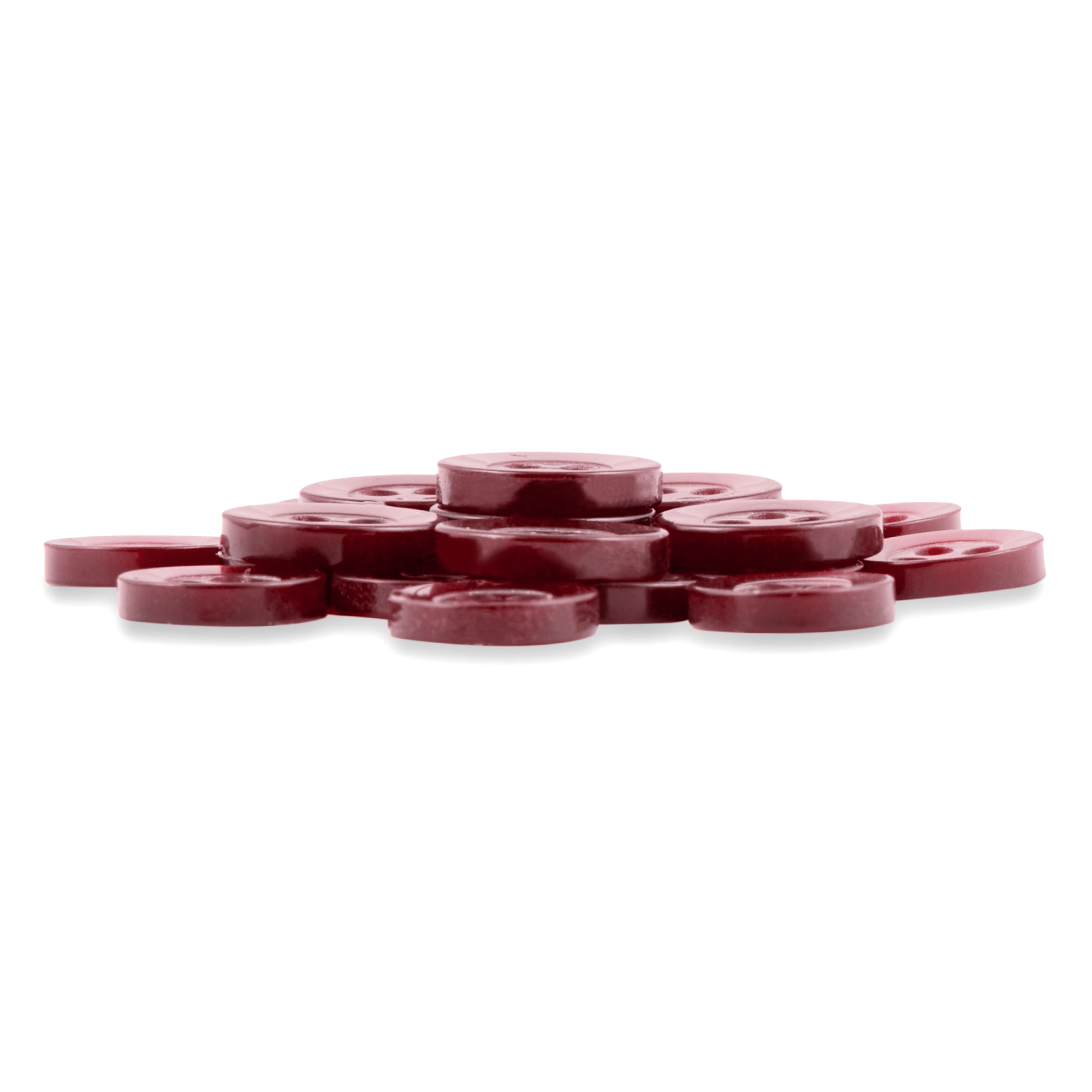 A pile of Replacement Shirt Buttons with a maroon, matte finish, stacked together on a white background.