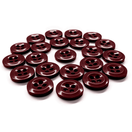 A set of Work Shirt Buttons in dark red military spec, each featuring four holes, displayed on a white surface.