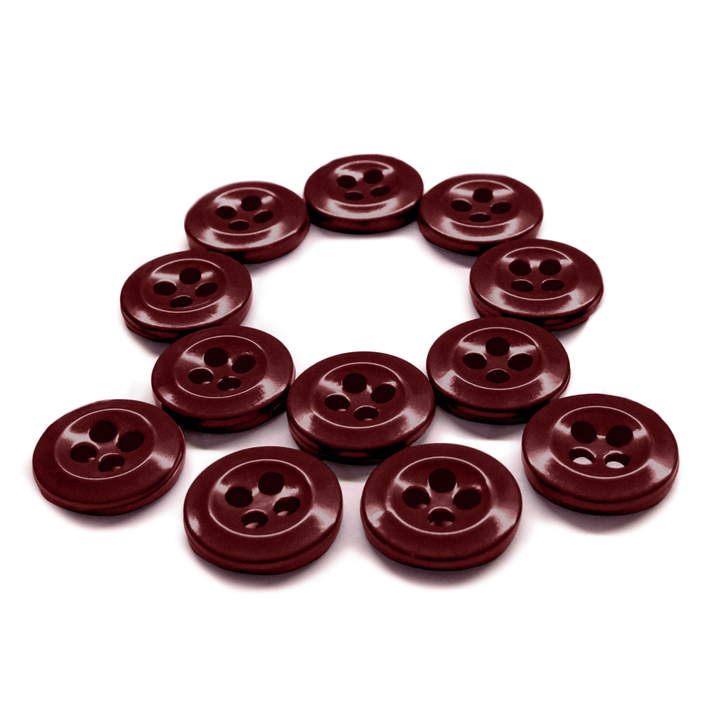 Twelve maroon Work Shirt Buttons from the 12 Pack set, known for their durability, arranged in a triangle on a white background.