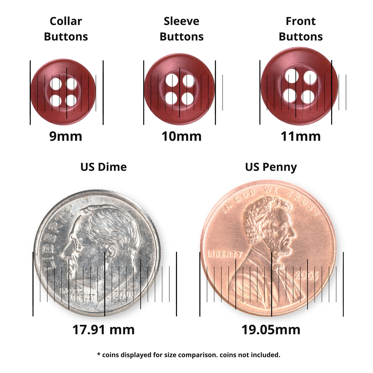 Three red Replacement Shirt Buttons in assorted sizes are shown above a US dime and penny for size comparison, with measurements in mm—ideal durable buttons to add to any tailor's repair kit.