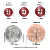 Three red Replacement Shirt Buttons in assorted sizes are shown above a US dime and penny for size comparison, with measurements in mm—ideal durable buttons to add to any tailor's repair kit.
