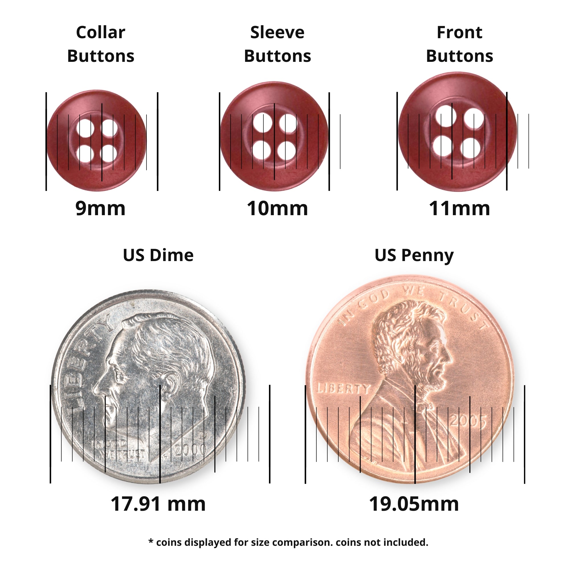 Three red Replacement Shirt Buttons in assorted sizes are shown above a US dime and penny for size comparison, with measurements in mm—ideal durable buttons to add to any tailor's repair kit.