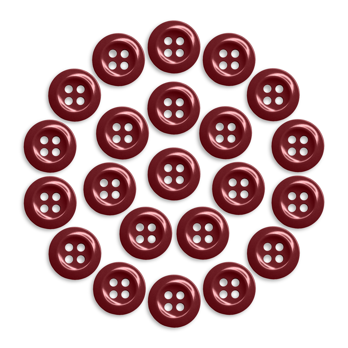 Twenty-three Work Shirt Buttons in red, arranged in a circle on a white background.
