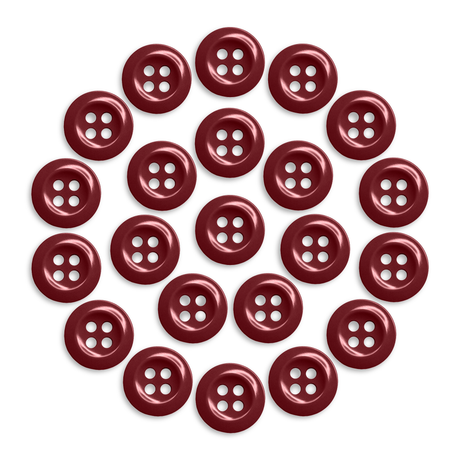 Twenty-three Work Shirt Buttons in red, arranged in a circle on a white background.