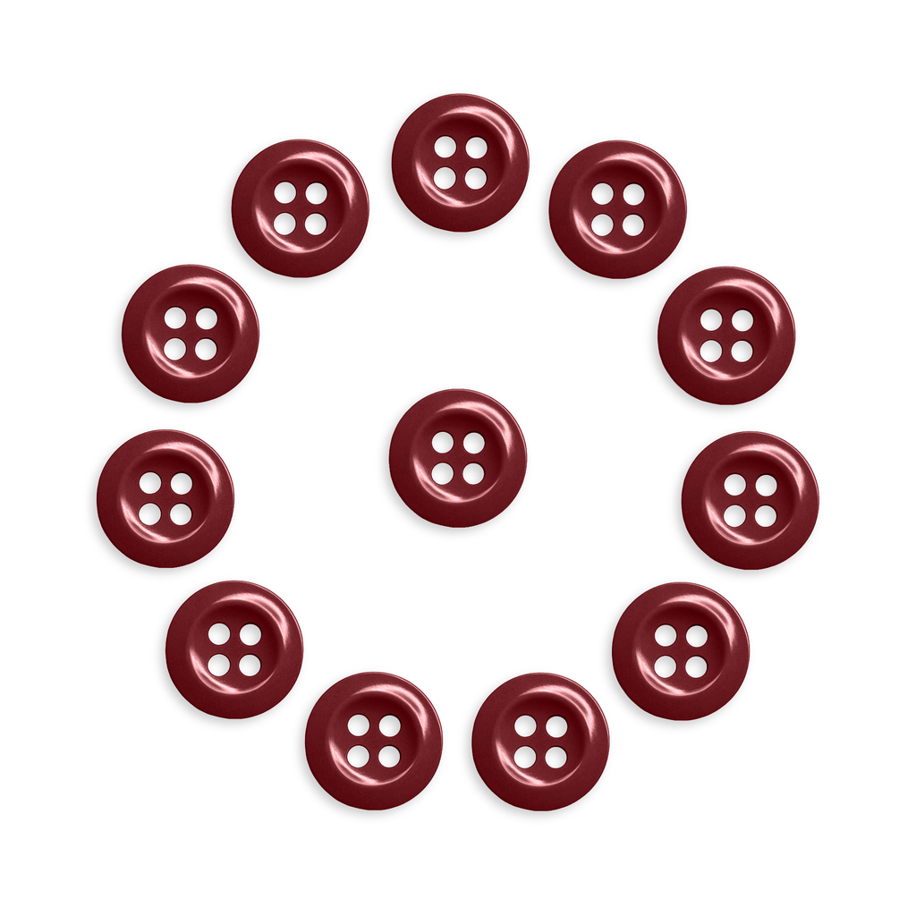 A pack of 12 maroon Work Shirt Buttons arranged in a circle with one button in the center, displayed on a white background.
