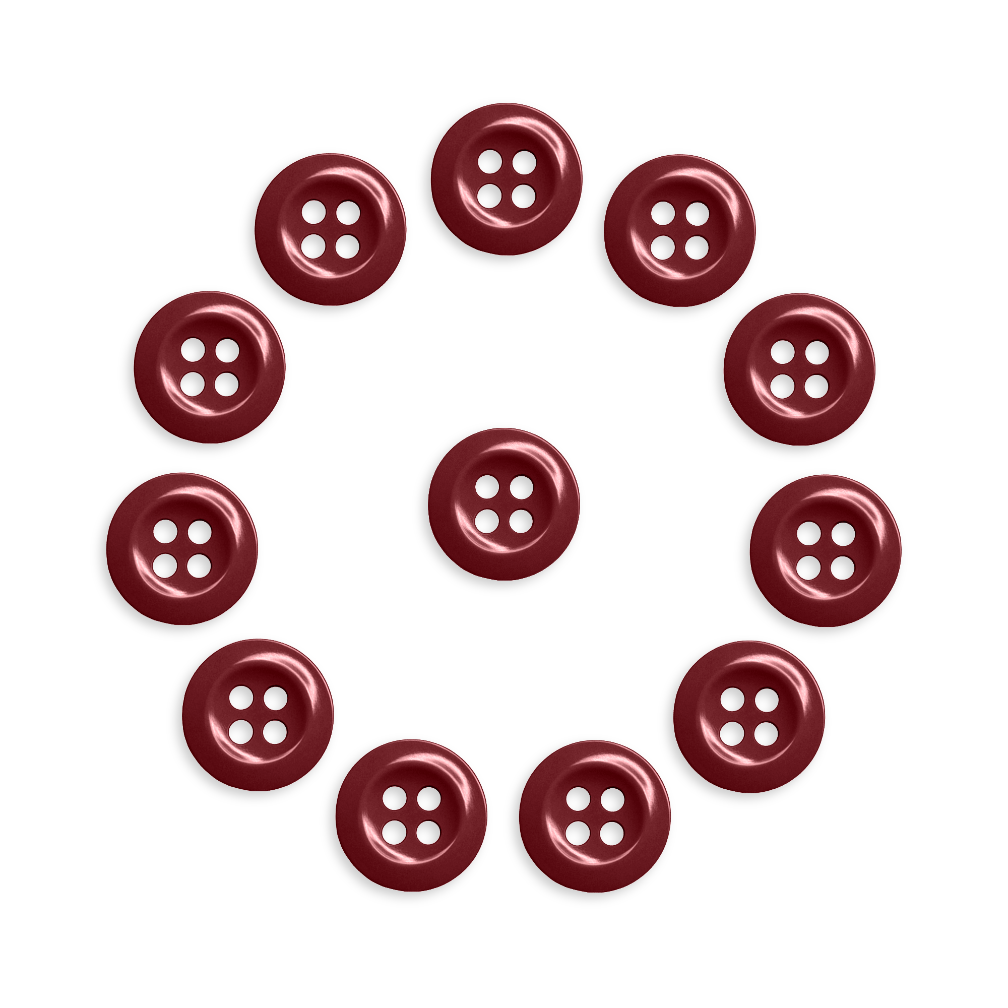 A pack of 12 maroon Work Shirt Buttons arranged in a circle with one button in the center, displayed on a white background.