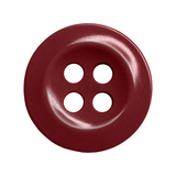Work Shirt Buttons: Shiny, dark red button with four holes, viewed from above on a white background; perfect replacement for uniforms or industrial work shirts.