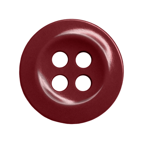 Work Shirt Buttons: Shiny, dark red button with four holes, viewed from above on a white background; perfect replacement for uniforms or industrial work shirts.