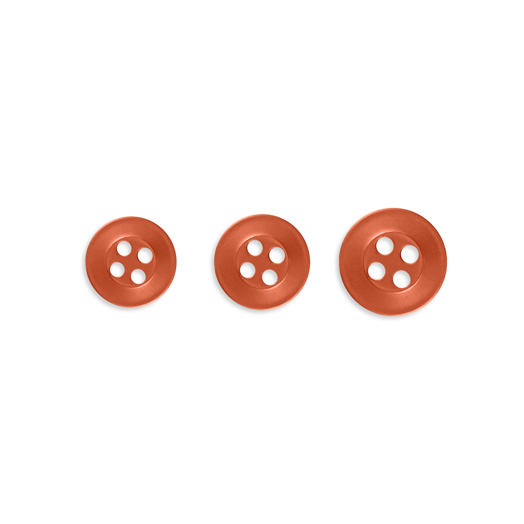 Three Replacement Shirt Buttons in varying sizes, made from orange poly-nylon, are displayed in a row on a white background.