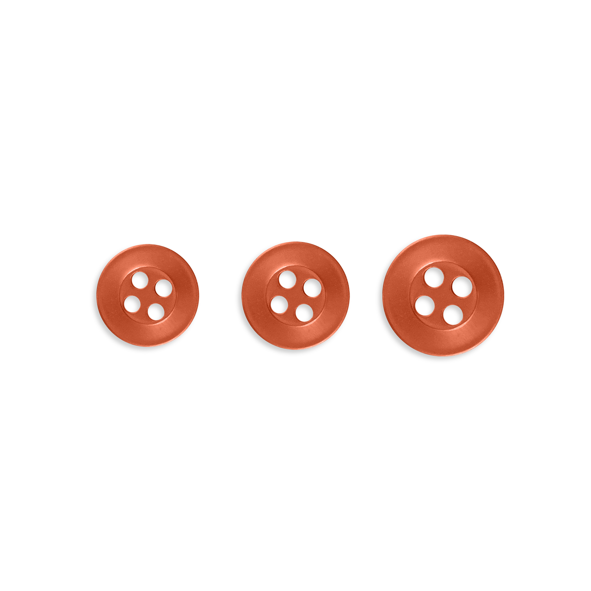 Three Replacement Shirt Buttons in varying sizes, made from orange poly-nylon, are displayed in a row on a white background.