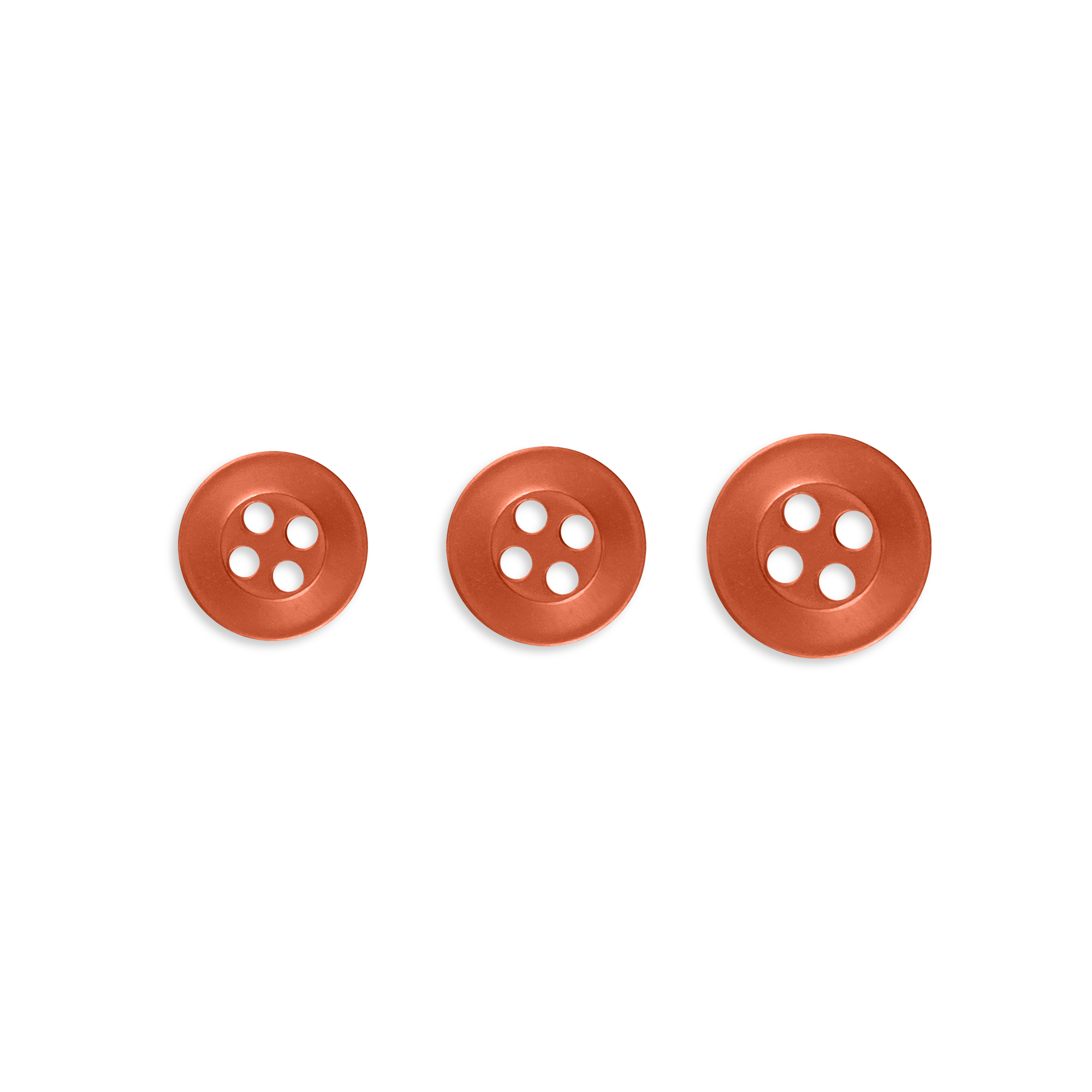 Three Replacement Shirt Buttons in varying sizes, made from orange poly-nylon, are displayed in a row on a white background.