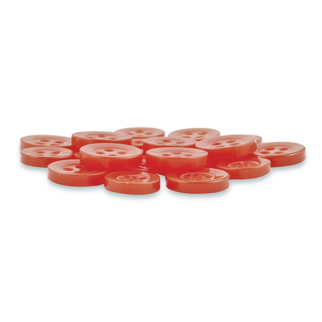 A scattered pile of red Replacement Shirt Buttons with four holes, made from poly-nylon, displayed on a white background.