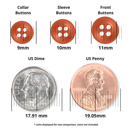 Three Replacement Shirt Buttons, labeled by size, are displayed above a US dime and penny for scale. Made from poly-nylon, they range from 9mm to 11mm—perfect additions to any tailor's repair kit.