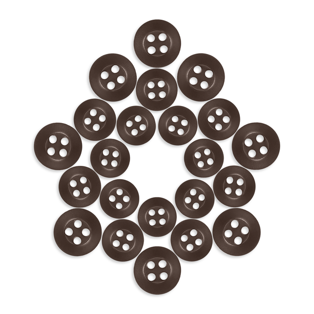 Twenty-one Replacement Shirt Buttons, brown poly-nylon with an anti-glare matte finish, are arranged in a five-pointed star on a white background.
