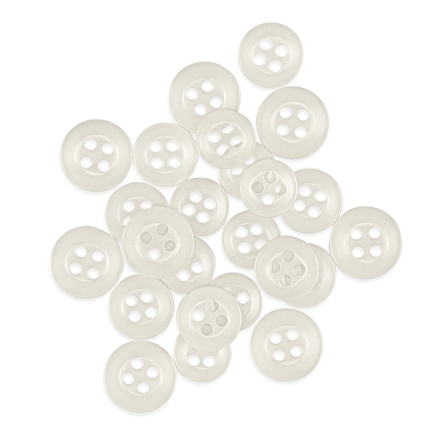A group of durable Replacement Shirt Buttons, white four-hole Poly-Nylon type, scattered on a white background.