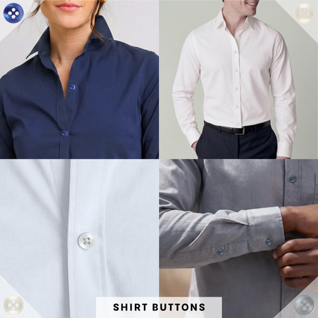 A collage displaying different shirts and detailed close-ups of matte finish Replacement Shirt Buttons, with the text REPLACEMENT SHIRT BUTTONS at the bottom center.
