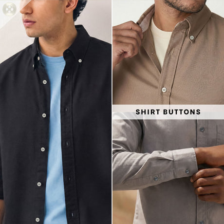 Two men wear button-up shirts, one in black and the other in beige, each featuring the durable Replacement Shirt Buttons. These buttons, sourced from a tailor’s button kit, offer reliable style and everyday functionality.