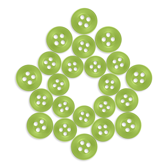 Twenty-four Replacement Shirt Buttons in green poly-nylon are arranged in a star shape on a white background.