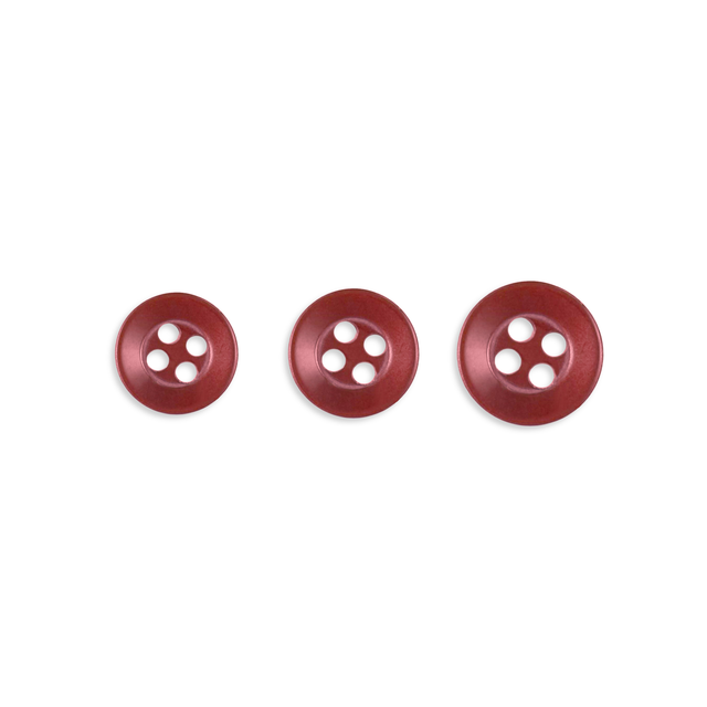 Three Replacement Shirt Buttons—red, four-hole, poly-nylon with a matte finish in assorted sizes—are arranged in a row on a white background, ideal for any tailor’s kit.