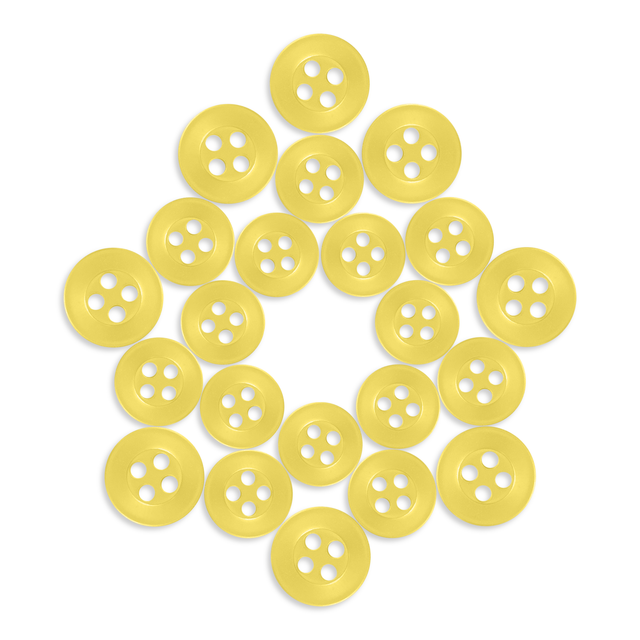 Twenty yellow Replacement Shirt Buttons, arranged in a diamond shape on a white background—ideal for any tailor’s kit.