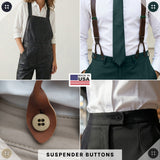 Four images show Suspender Brace Pant Buttons, suspenders on pants, a suspender button, and pleated trousers. Text: SUSPENDER BUTTONS.