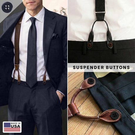 A man in a suit wearing military spec Suspender Brace Pant Buttons; close-up shots show the brace pant buttons and suspender buttons attached to the trousers; “Suspender Brace Pant Buttons” text.