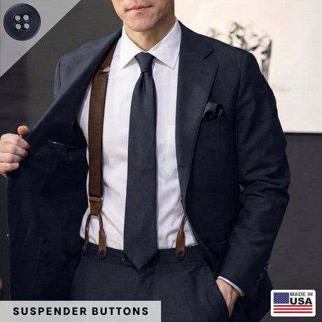 A man in a suit showcases brown Suspender Brace Pant Buttons; text reads Military Spec Suspender Brace Pant Buttons and Made in USA with a flag graphic.
