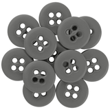 A collection of overlapping Suspender Brace Pant Buttons, each round and gray with four holes, arranged in a circular pattern.