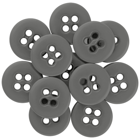 A collection of overlapping Suspender Brace Pant Buttons, each round and gray with four holes, arranged in a circular pattern.