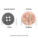 Gray 17mm Suspender Brace Pant Button shown beside a 19.05mm US penny, both with measurement lines for precise size comparison—perfect as button-on suspender or brace pant buttons.