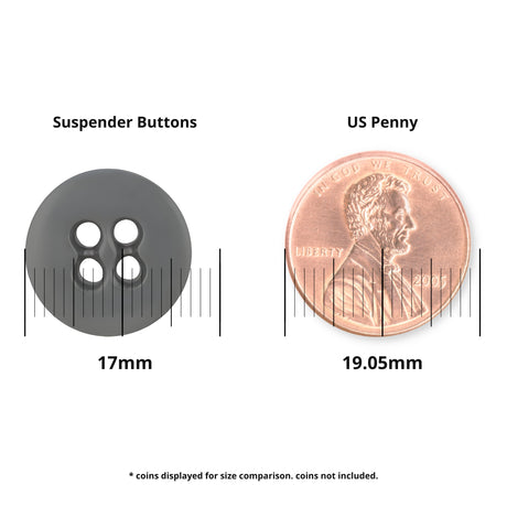 Gray 17mm Suspender Brace Pant Button shown beside a 19.05mm US penny, both with measurement lines for precise size comparison—perfect as button-on suspender or brace pant buttons.