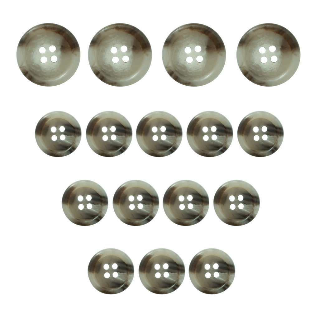 Sixteen gray, four-hole Vegan Faux Horn Suit Buttons are arranged in a triangle shape on a white background.