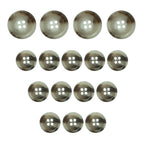 Sixteen gray, four-hole Vegan Faux Horn Suit Buttons are arranged in a triangle shape on a white background.