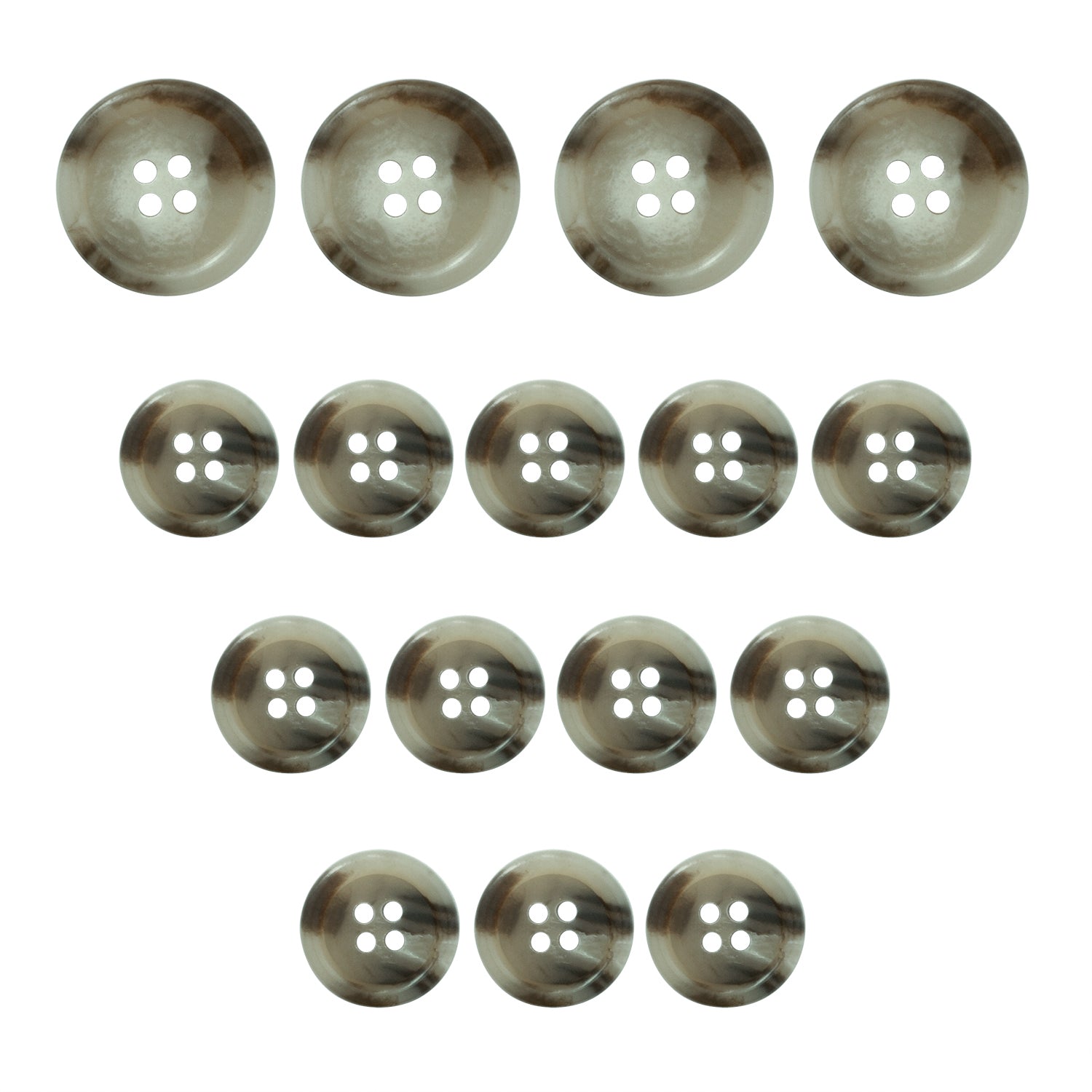 Sixteen gray, four-hole Vegan Faux Horn Suit Buttons are arranged in a triangle shape on a white background.