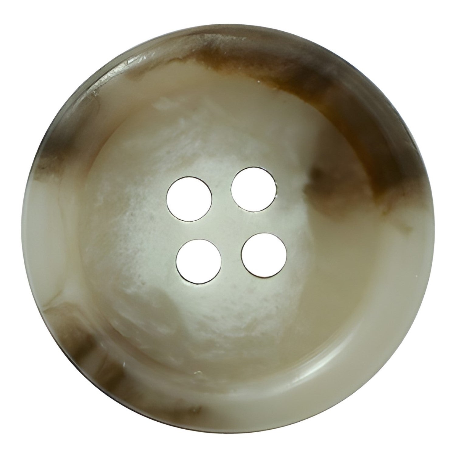 The Vegan Faux Horn Suit Button is round with a brown and beige marbled pattern, has four holes, and is shown from above on a white background.