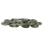 A pile of round, flat Vegan Faux Horn Suit Buttons in grayish-brown, each with four holes, is arranged on a white background.