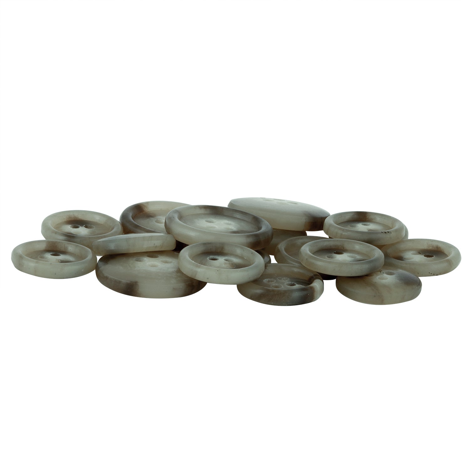 A pile of round, flat Vegan Faux Horn Suit Buttons in grayish-brown, each with four holes, is arranged on a white background.