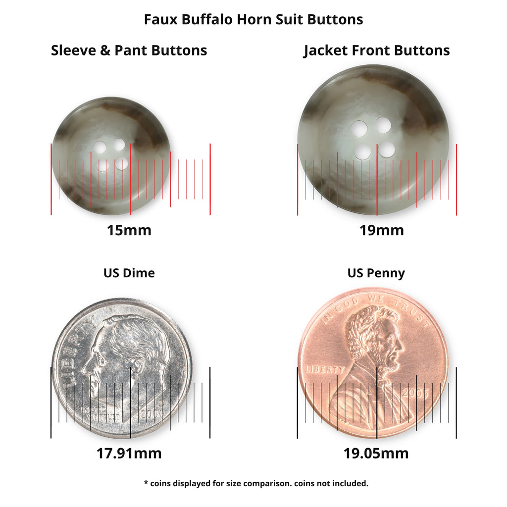 Two Vegan Faux Horn Suit Buttons are pictured above a dime and penny for size reference, with measurements in millimeters—ideal ethical sewing buttons for your next project.