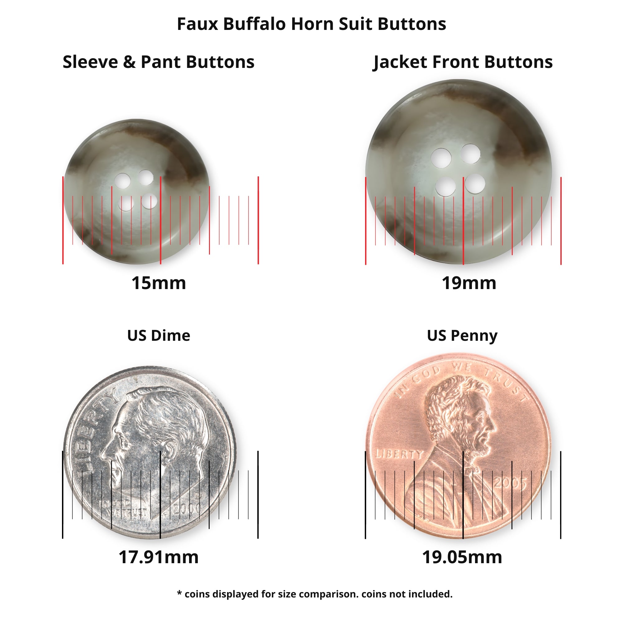 Two Vegan Faux Horn Suit Buttons are pictured above a dime and penny for size reference, with measurements in millimeters—ideal ethical sewing buttons for your next project.