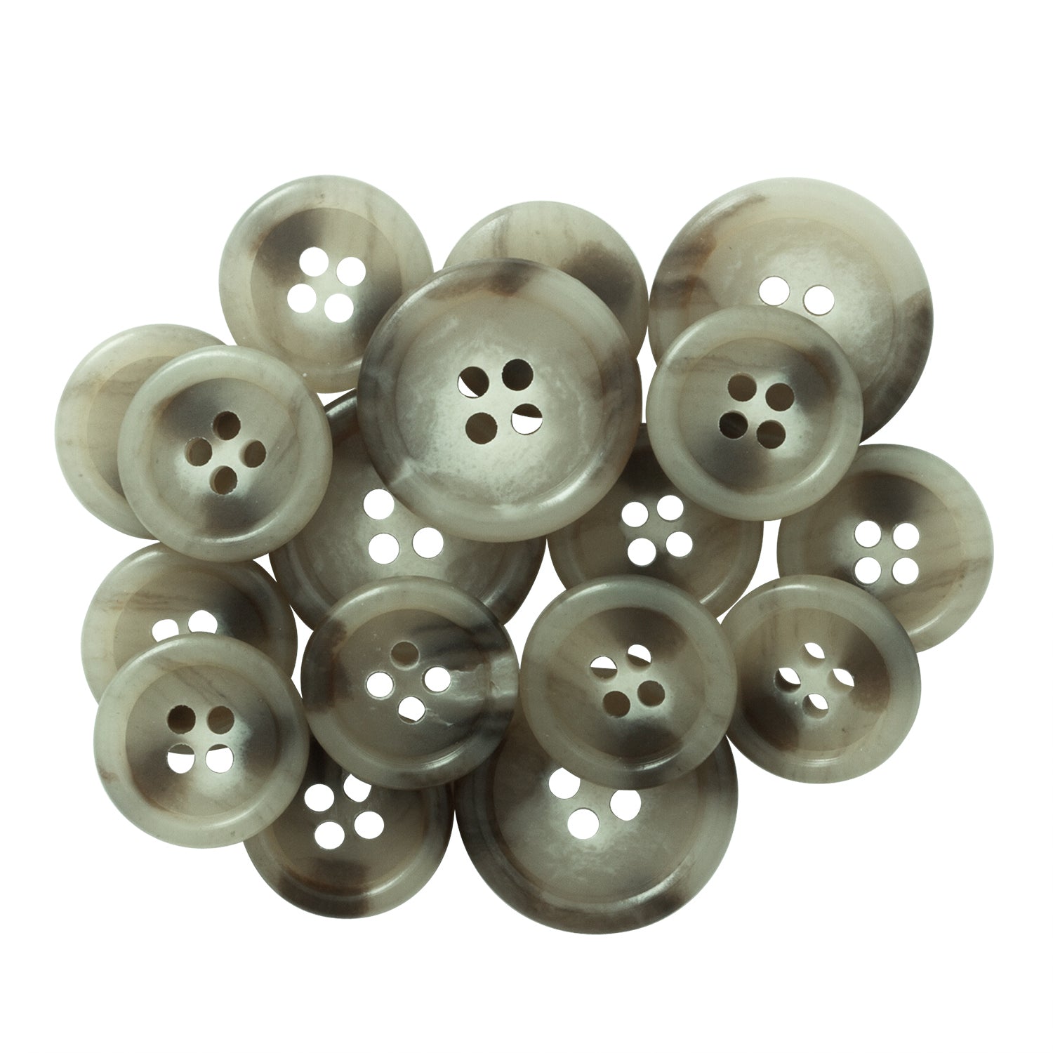 A set of round, gray and white marbled Vegan Faux Horn Suit Buttons with four holes each—ideal for ethical sewing projects.