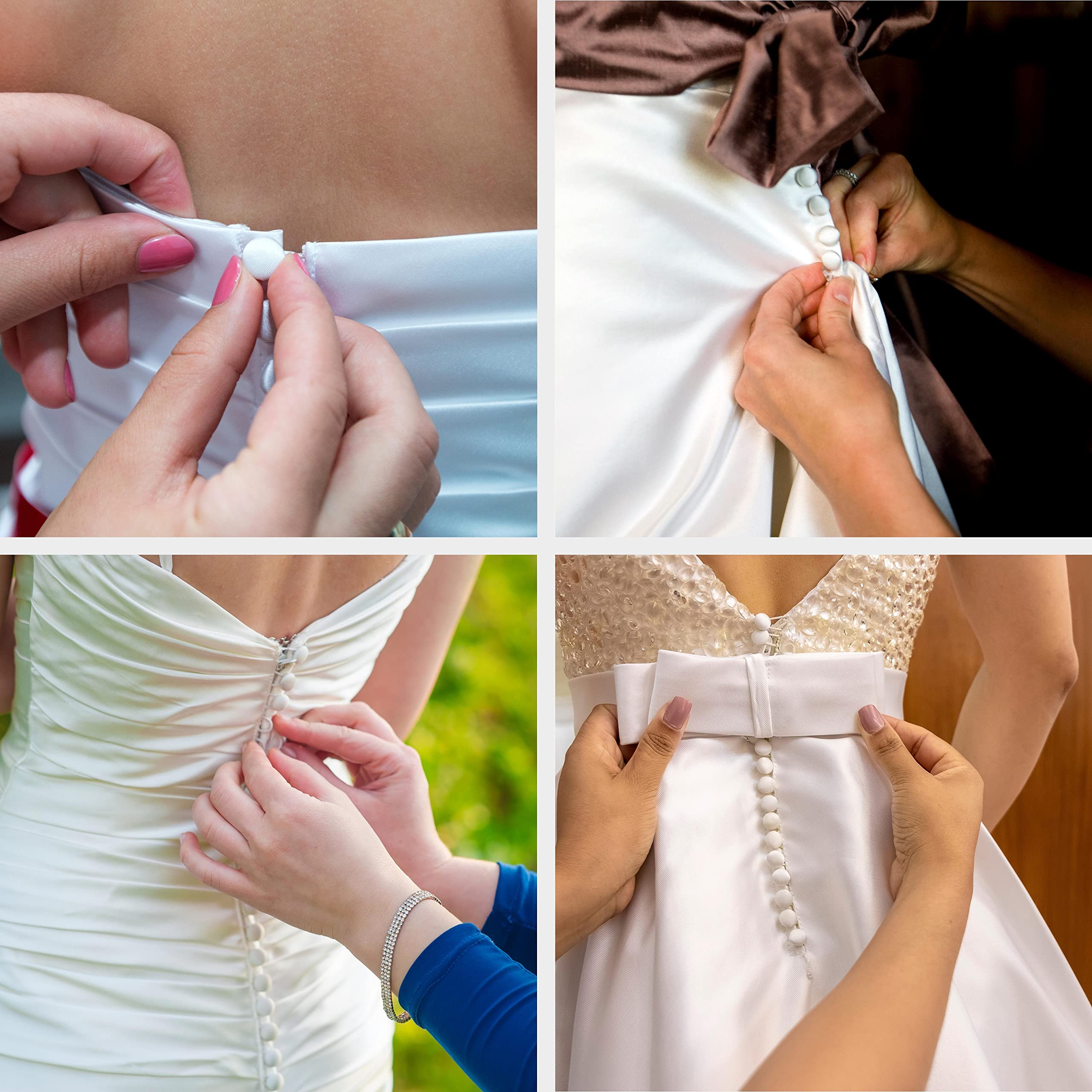 Four close-up photos show hands fastening Silk Satin Bridal Buttons along the back of various white wedding dresses, highlighting their delicate and elegant satin-trimmed finish.