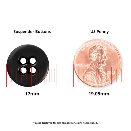 The Suspender Brace Pant Button is a 17mm black button, perfect for military spec suspenders, pictured beside a 19.05mm US penny for size reference.