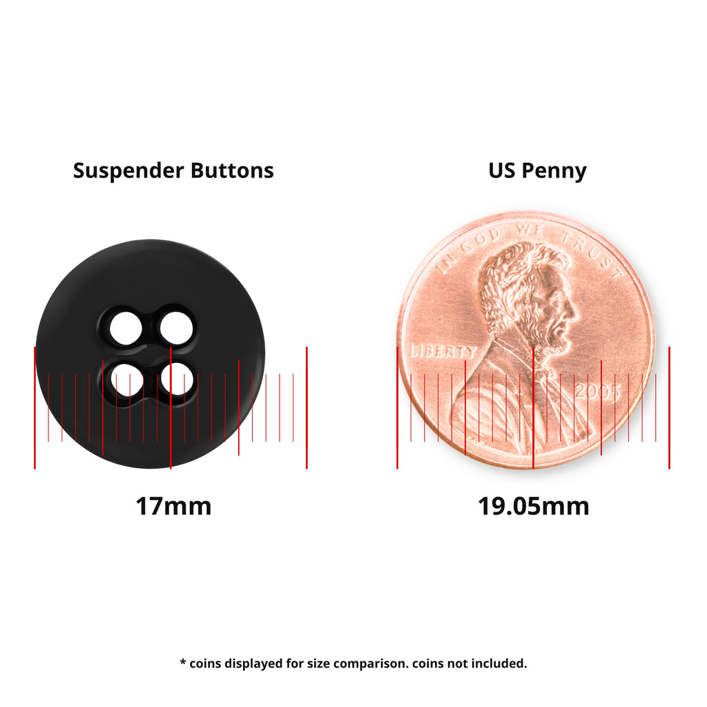A black Suspender Brace Pant Button from a military spec set is shown next to a US penny for size comparison: the button is 17mm and the penny is 19.05mm.