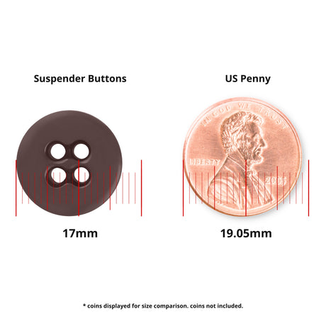 The Suspender Brace Pant Button in brown, 17mm size, is perfect for military spec suspenders or as a brace pant button. Shown beside a 19.05mm US penny for accurate size comparison.