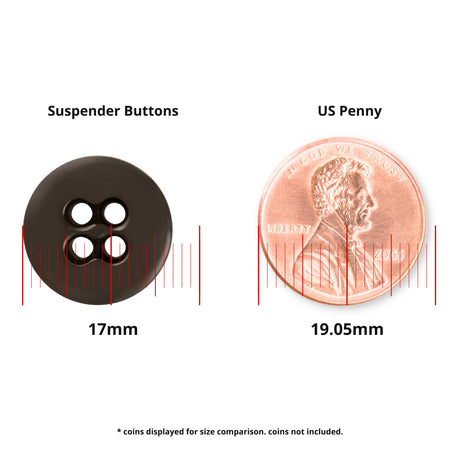 A Suspender Brace Pant Button, measuring 17mm and part of a military spec suspender set, is shown next to a 19.05mm US penny for size comparison.