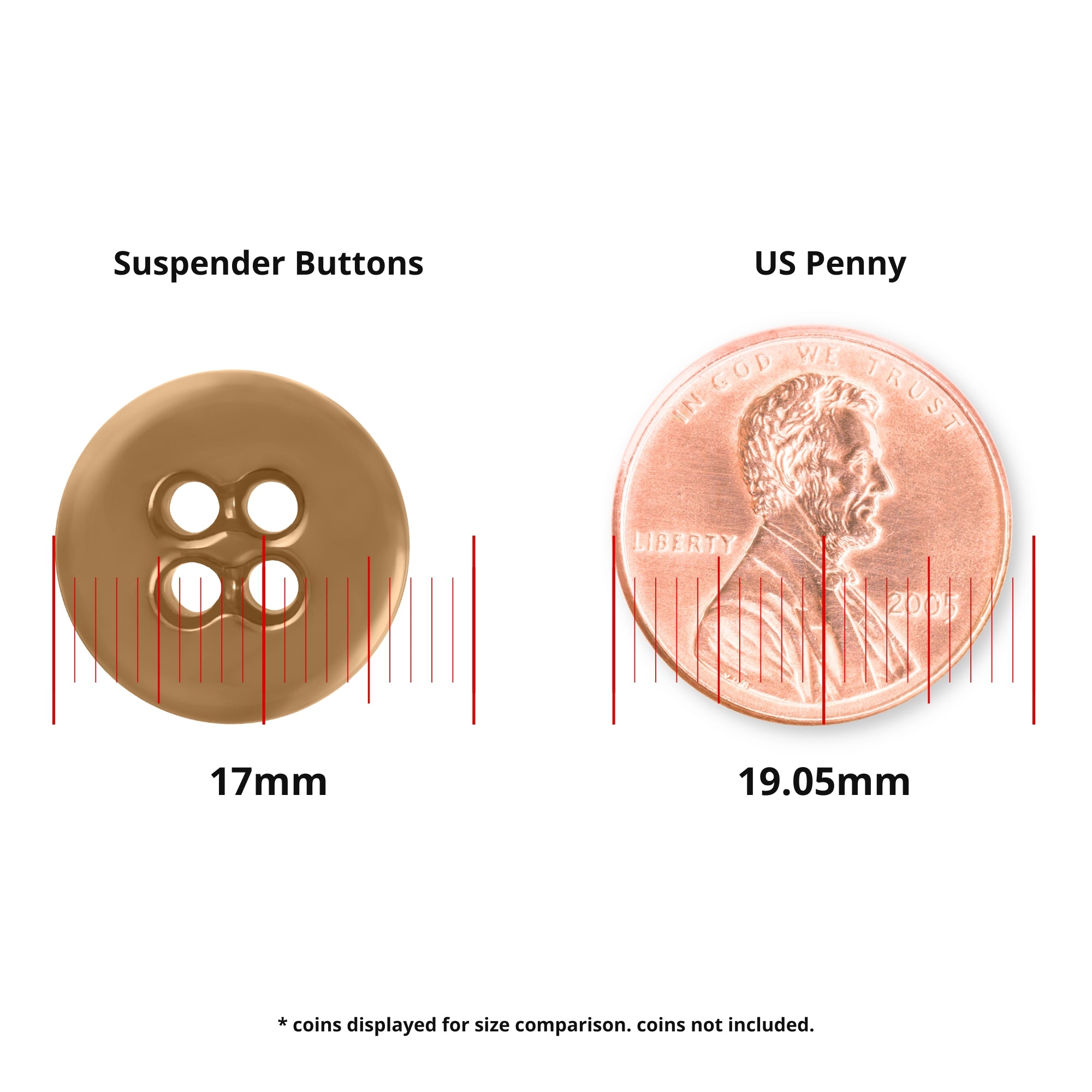 A Suspender Brace Pant Button (17mm), used in military spec suspender sets, is shown beside a 19.05mm US penny for size comparison.