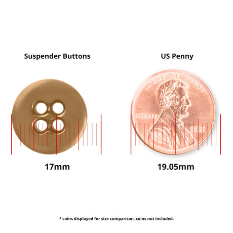A Suspender Brace Pant Button (17mm), used in military spec suspender sets, is shown beside a 19.05mm US penny for size comparison.