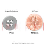 A Suspender Brace Pant Button in gray (17mm), perfect for military spec suspenders or classic brace pants, is shown next to a US penny (19.05mm) for size comparison.