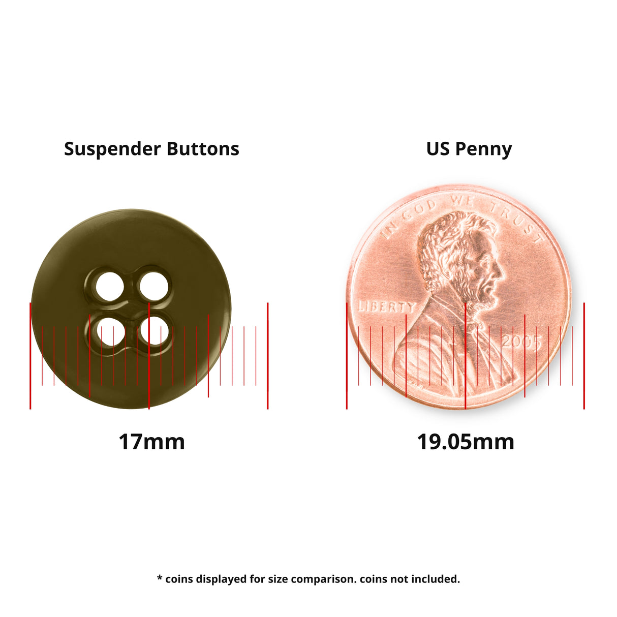 A Suspender Brace Pant Button (17mm)—perfect for military spec suspenders or brace pants—is shown beside a US penny (19.05mm) for size reference. Coins not included.